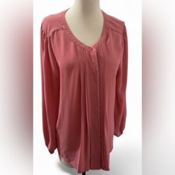 LOFT Pink Pleated Long Sleeve Blouse XS – Lace Trim, Feminine Work Top - Picture 4 of 7